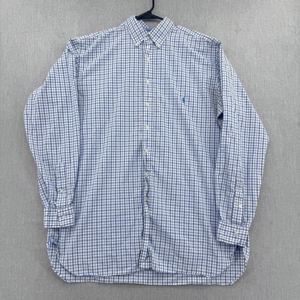 Ralph Lauren Button Down Mens LT Blue White Plaid Stretch Classic Fit Shirt
